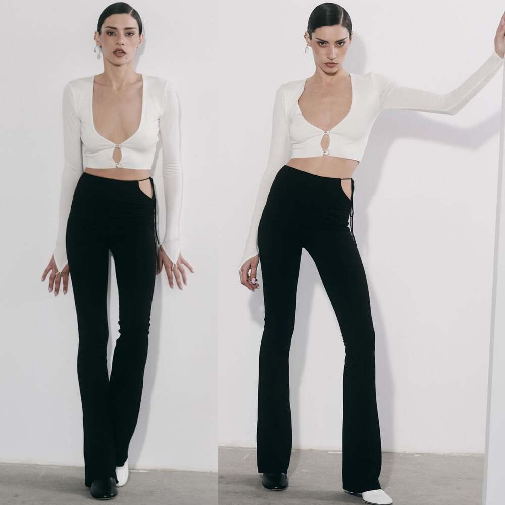 MANURI Janine 2.3 Side Cut Out Flare Trousers Pants In Black Size S